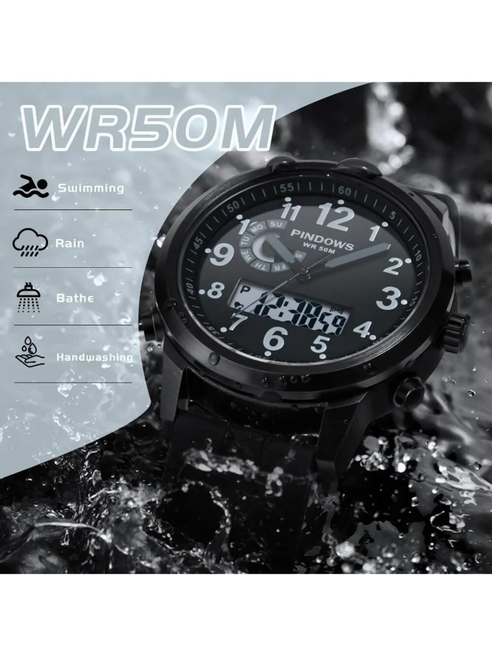 Mens Black Analog Quartz Waterproof Military Multifunctional LED Digital Watch